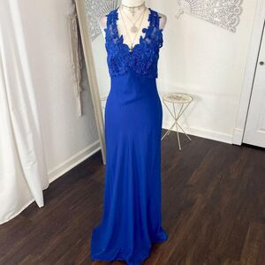 Fiesta Dark Blue Early 2000's llusion Lace Applique Fitted Faille Prom Dress S